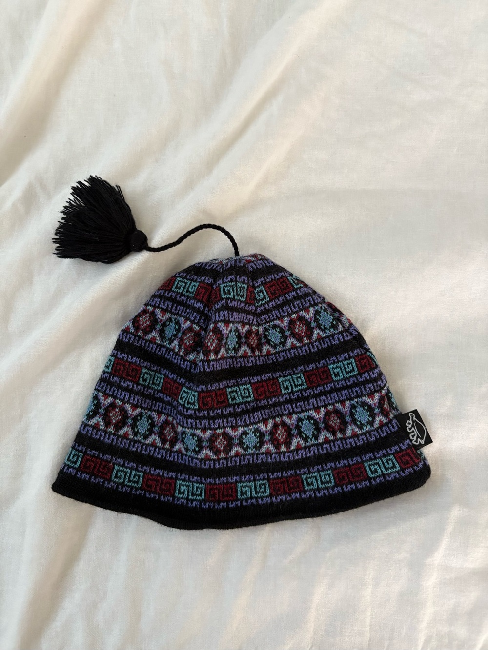 Turtle fur Blue Knit Tassel Beanie Hat heritage 100% merino wool blue aztec